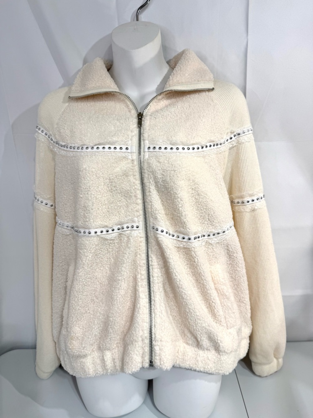 POL Sherpa Jacket Small Cream Studded Trim Mixed Knit Zip Front Boho